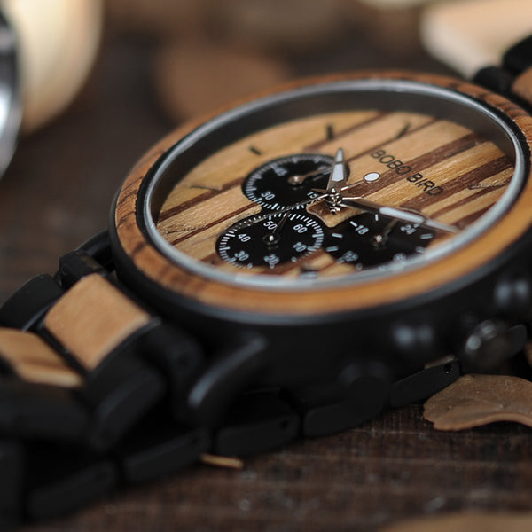 BOBO BIRD Wooden Mens Watches Chronograph & Date Display Stop Water Resistance
