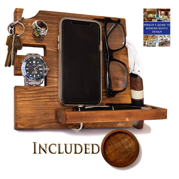 Wooden Docking Station for Men - Nightstand Organizer with Coaster - Charges Phone and Holds Keys, Wallet, Glasses, Ring,
