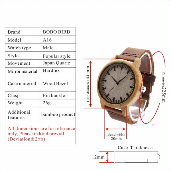 BOBO BIRD Natural Bamboo Watch With Genuine Leather Band + FREE UV Bamboo sunglases Gift