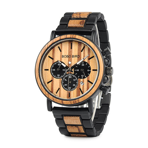 BOBO BIRD Wooden Mens Watches Stylish Wood & Stainless Steel Combined Chronograph Military Quartz Casual Wristwatches